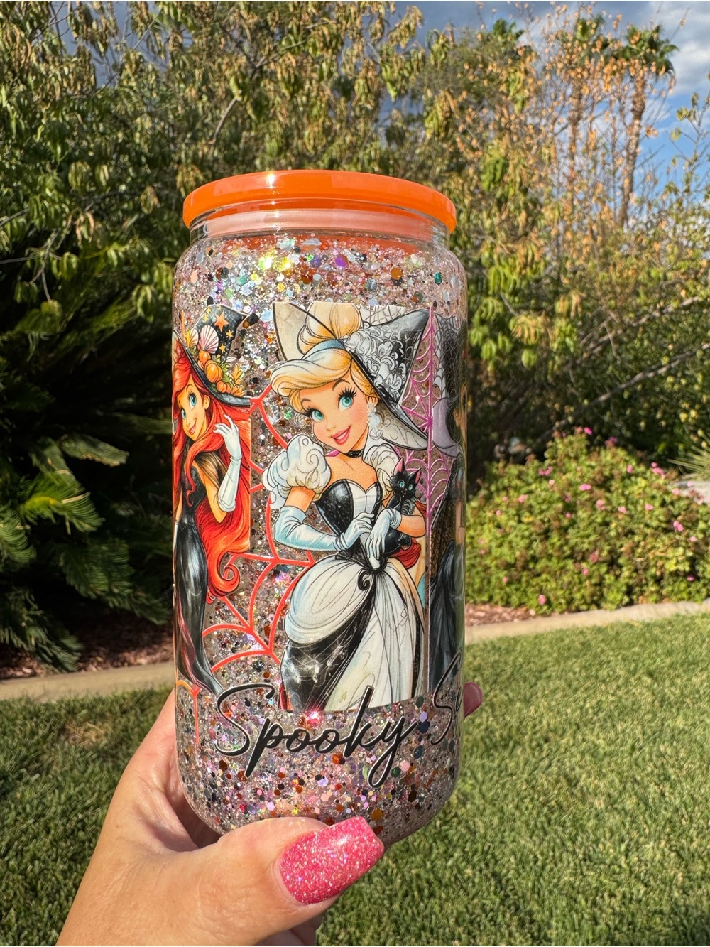 Spooky season Disney princesses snow globe glass Tumble 16oz
